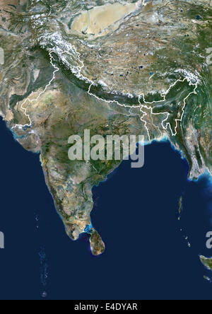 India, True Colour Satellite Image With Border. India, true colour satellite image with border. This image shows the Indian subc Stock Photo