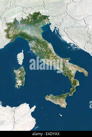 Italy, True Colour Satellite Image With Border and Mask Stock Photo