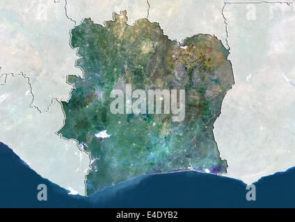 Ivory Coast, True Colour Satellite Image With Border and Mask Stock Photo