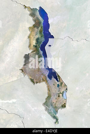 Malawi, True Colour Satellite Image With Border and Mask Stock Photo