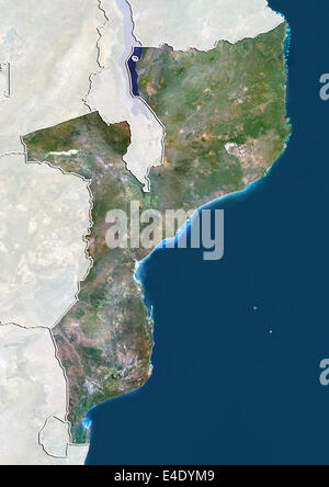 Mozambique, True Colour Satellite Image With Border and Mask Stock Photo