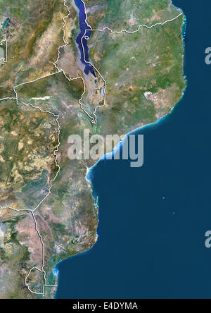 Mozambique, True Colour Satellite Image With Border Stock Photo