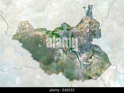 South Sudan, True Colour Satellite Image With Border and Mask Stock Photo