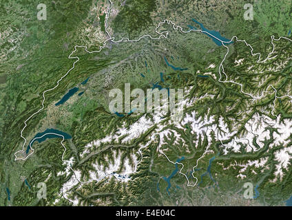 Switzerland, True Colour Satellite Image With Border Stock Photo