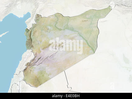 Syria, Relief Map with Border and Mask Stock Photo