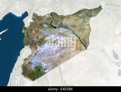 Syria, True Colour Satellite Image With Border and Mask Stock Photo