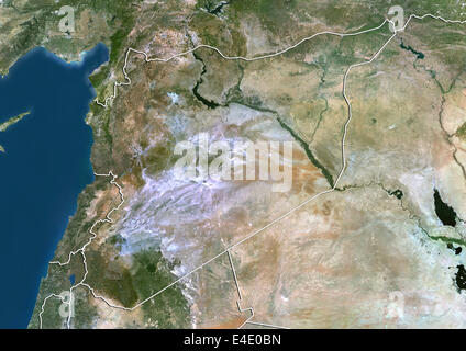 Syria, True Colour Satellite Image With Border Stock Photo