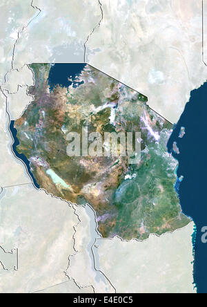 Tanzania, True Colour Satellite Image With Border and Mask Stock Photo