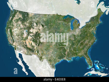 United States, True Colour Satellite Image With Border and Mask Stock Photo