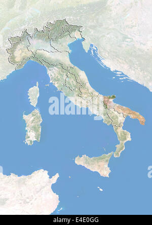 Italy and the Region of Apulia, Satellite Image With Bump Effect Stock Photo