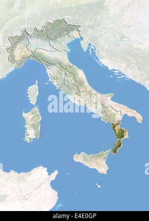 Italy and the Region of Calabria, Satellite Image With Bump Effect Stock Photo