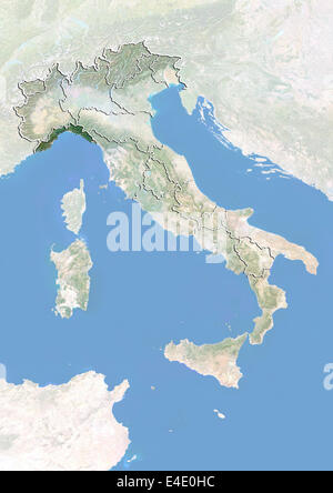 Italy and the Region of Liguria, Satellite Image With Bump Effect Stock Photo