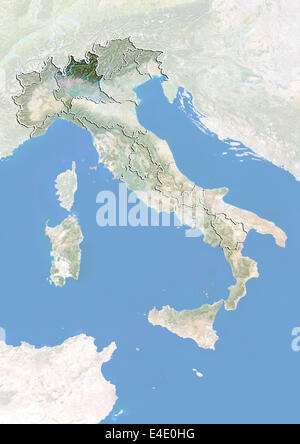 Italy and the Region of Lombardy, Satellite Image With Bump Effect Stock Photo