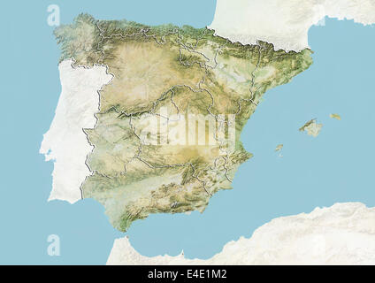 Spain, Relief Map With Boundaries of Regions Stock Photo