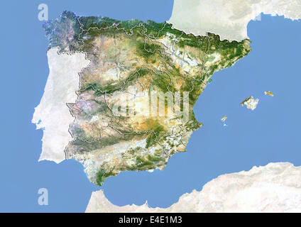 Spain, Satellite Image With Bump Effect and Region Boundaries Stock Photo