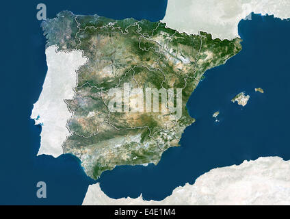 Spain, True Colour Satellite Image With Region Boundaries Stock Photo