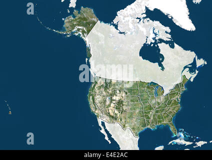 United States, True Colour Satellite Image With State Boundaries Stock Photo