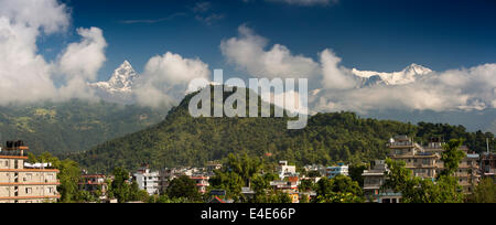 Nepal, Pokhara, Machhapuchchhre and Annapurna Mountain Range above the town panoramic Stock Photo