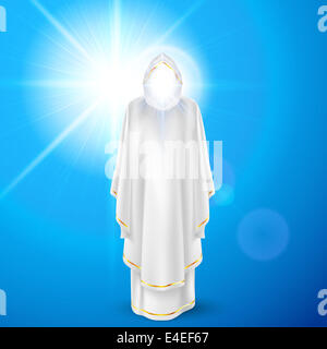 Gods guardian angel in white dress against sky background and bright sun flare. Religious concept Stock Photo