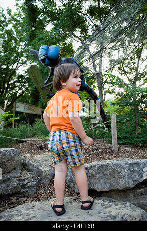 Three Year Old Boy and Giant Dragonfly at the Bug Exhibit at the Louisville Zoo in Kentucky Stock Photo