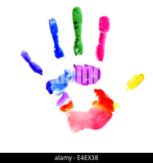 Handprint painted in several colors on white background Stock Photo