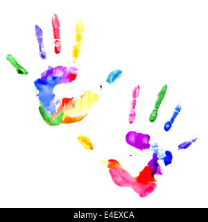 Left and right handprints painted in different colors on white background Stock Photo