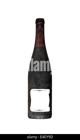 Dirty old bottle wine with blank label isolated on white Stock Photo