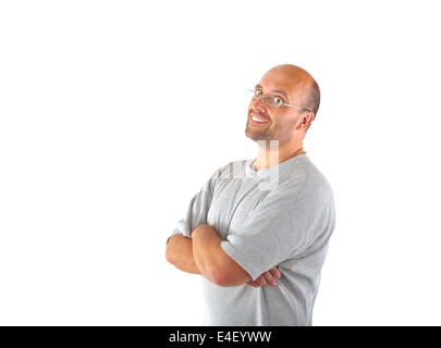 Happy bald man smiles into the camera isolated over white Stock Photo