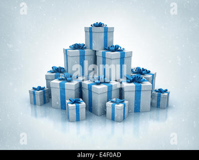 Stack of blue gift boxes 3d render Stock Photo