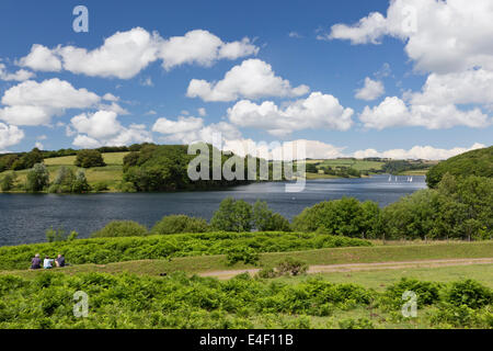 Puffy, white cumulus clouds over Wimbleball reservoir on a perfect summer day. Three people, bottom left, admiring the view. Stock Photo