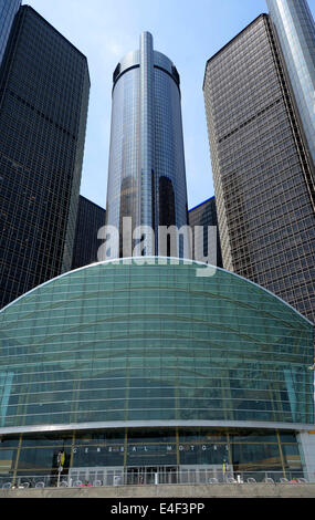 DETROIT, MI - JULY 6: The Renaissance Center, shown here from the river side in downtown Detroit on July 6, 2014, houses the wor Stock Photo