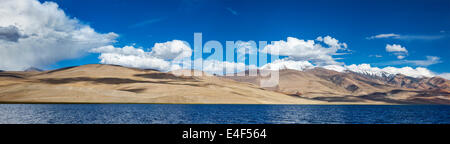 Panorama of Himalayan lake Tso Moriri (official name - Tsomoriri Wetland Conservation Reserve) in Himalayas, Korzok,  Changthang Stock Photo