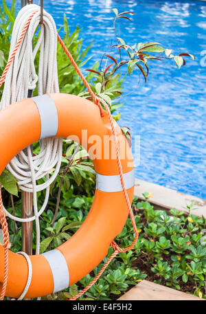 Lifebelt prepare for safe guard in swimming pool Stock Photo