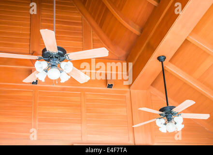 Old style wood ceiling fans with white glass lamps Stock Photo