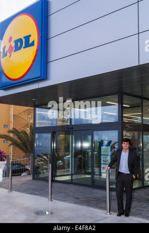 Jesus Toro the manager of the new Lidl supermarket at Puerto santiago, near Los Gigantes, Tenerife, Canary Islands, Spain. Stock Photo