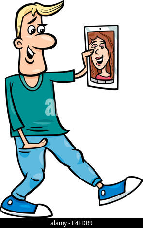 Cartoon illustration of Funny Man Video Chatting on Tablet or Phone