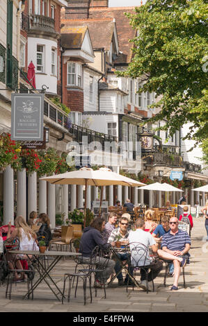 People sitting outside pub in The Pantiles Royal Tunbridge Wells, West Kent, England, UK Stock Photo