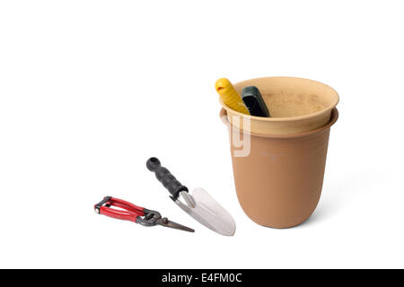 plastic pots and tools for gardening, isolated on white background Stock Photo