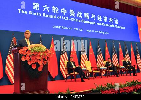 US Secretary of State John Kerry delivers opening remarks at the sixth U.S.-China Strategic and Economic Dialogue July 9, 2014 in Beijing, China. Stock Photo