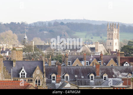 UK, Oxford, view from the top of the Carfax tower over the rooftops of Oxford. Stock Photo