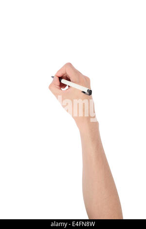 ballpoint pen on asian man's hand, isolated on white Stock Photo