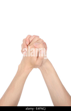 asian man's praying hands, isolated on white Stock Photo