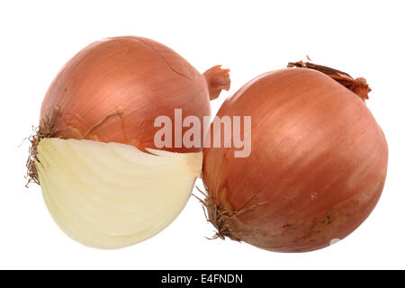 two onions and a section isolated on white background Stock Photo