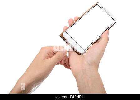 smart phone in case and charging cable on a hand Stock Photo