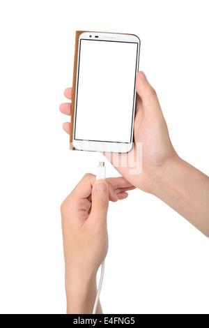 smart phone in case and charging cable on a hand Stock Photo