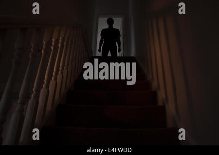 Silhouette of a man standing at the top of a stairway, shadows cast on the walls from the light below. See similar images. Stock Photo