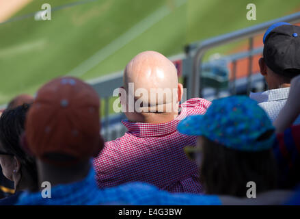 Man with shaved head at a baseball game Stock Photo