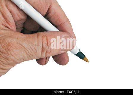 Elderly male left hand ready to start writing. Isolated on a white background Stock Photo