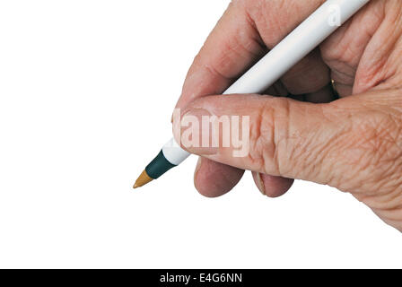 Elderly male right hand ready to start writing. Isolated on a white background Stock Photo