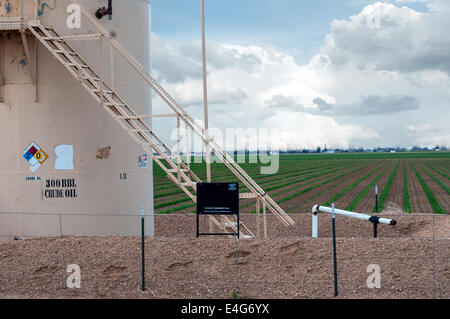Crude oil storage tank in a rural farming area of north central Colorado, USA Stock Photo
